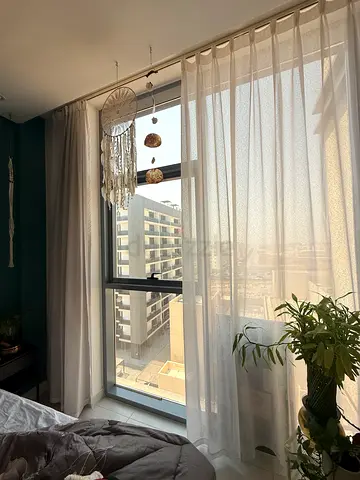 Sheer curtain set with wooden rod - lightly used - 3.5 m to 3m