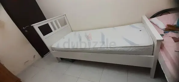 Single white wooden bed frame with mattress - good condition