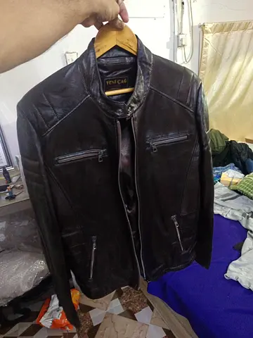 Dark brown genuine leather men's jacket - size L