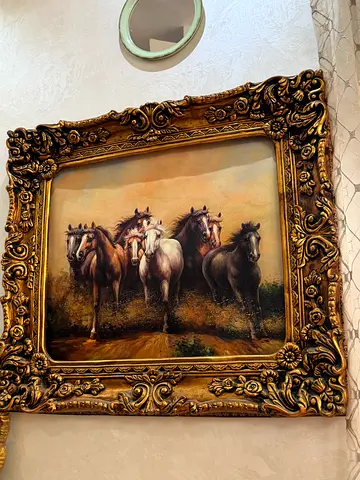 Framed Vintage-Style Painting of Horses with Ornate Gold Frame