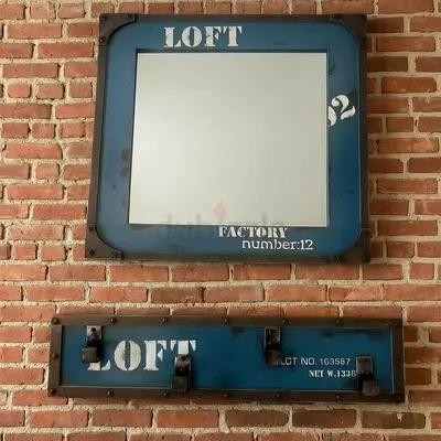Industrial Loft Wall Mirror with Matching Coat Rack - Blue Metal Frame