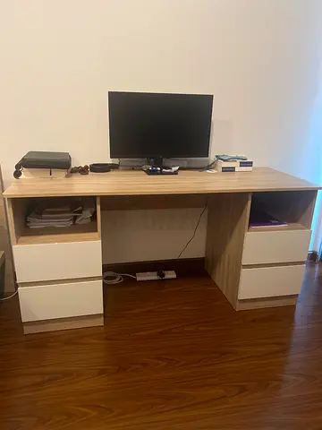 Wooden office desk with storage drawers - light oak finish and chair