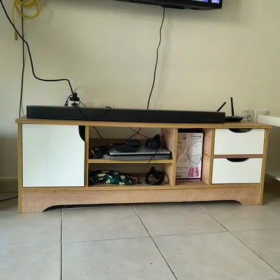 Low wooden TV stand with drawers and open shelves - light oak finish