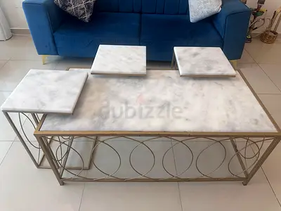 Marble Top Coffee Table Set with Gold Metal Frame
