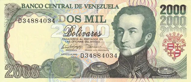 VENEZUELA 2000 BOLIVARES BANKNOTE 1998
