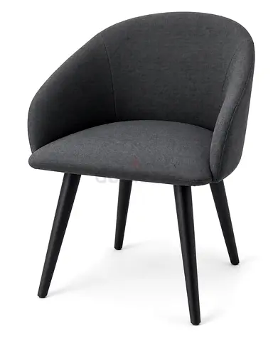 Stylish Scandinavian-style accent chair in dark charcoal grey with a curved wraparound back and slim