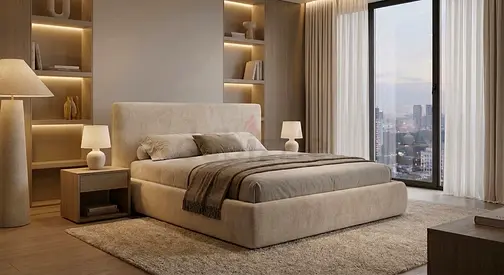 Beige Fabric Double Bed with Headboard -