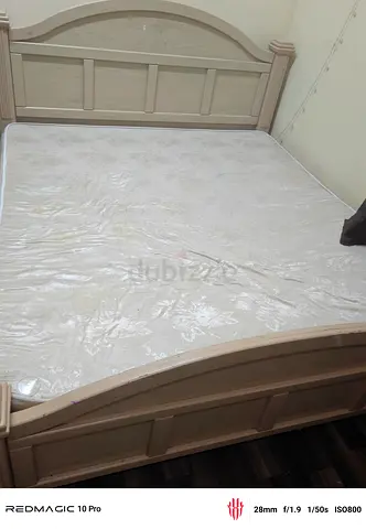 Wooden Double Bed with Mattress - Light Beige, Good Condition