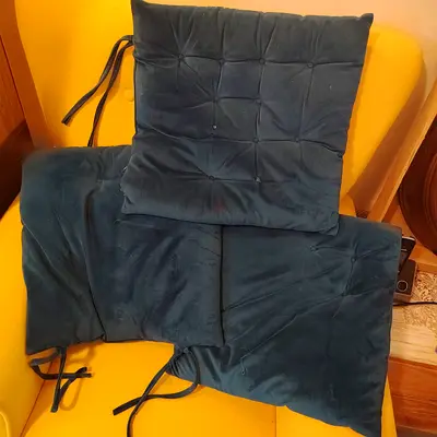 Set of 3 Teal Velvet Seat Cushions with Ties - Good Condition