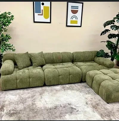 Modern Olive Green Tufted Modular Sofa with Ottoman
