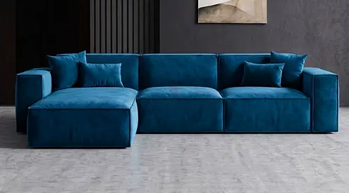 Modern Deep Blue/Teal Velvet Left-Sectional Sofa - 4-Seater L shaped sofa