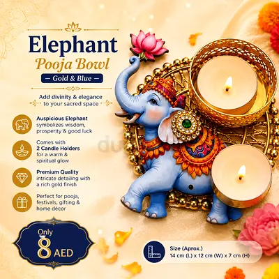 Elephant Pooja Bowl with Candle Holders – Gold & Blue