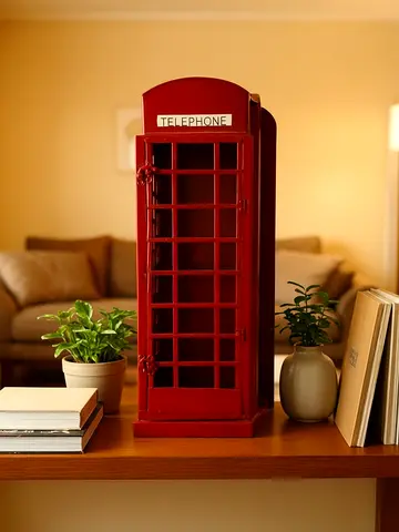 Decorative Red Telephone Booth Figurine - Wooden Ornament