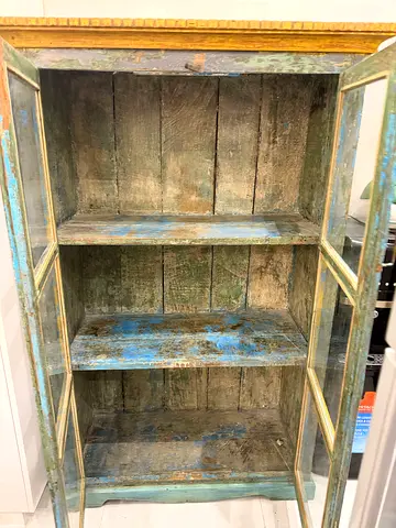 Vintage Rustic Glass Door Display Cabinet - Distressed Blue Wood