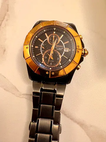 Seiko Men's Two-Tone Chronograph Watch - Black & Gold PVD plating, 100M