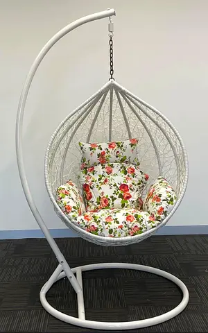 White Hanging Egg Chair with Floral Cushions - Stand Included