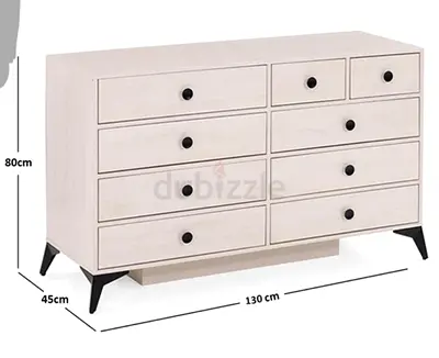 Homes R Us Beige/White Oak Chest of 9 drawer dresser with black knobs - Excellent Condition