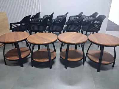 Set of 4 Round Wooden Side Tables with Lower Shelf - Good Condition With 10 chairs