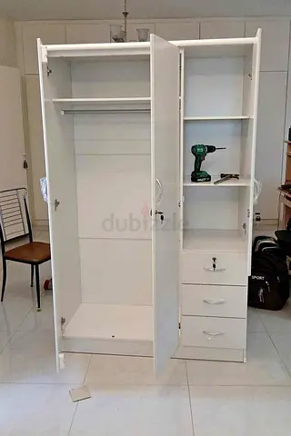 White 3-Door Wardrobe with Shelves and Drawers brand new