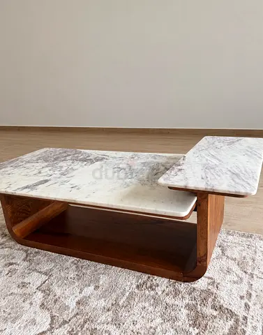 Mid-century Modern Marble Top Coffee Table with Wood Base