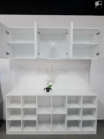 White Modular Storage Cabinet with Upper Wall Cabinets and 12 Cubes