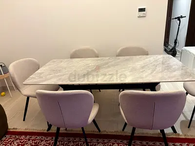 Marble-top dining table with 6 upholstered chairs - modern set