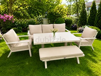 Outdoor garden seating set - 4 seats, bench and adjustable table (beige cushions)
