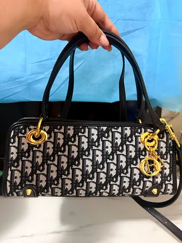 Black & Beige Monogram Canvas Shoulder Bag with Gold Hardware