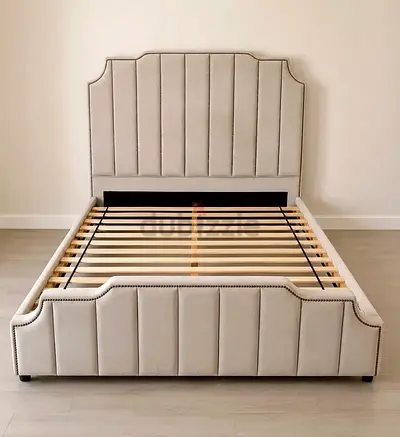 Beige Upholstered Bed Frame with Headboard and Footboard (Queen/Double)