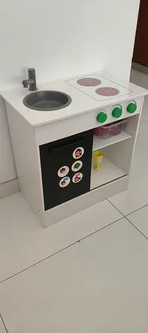 Wooden Play Kitchen with Sink, Stove and Storage - Good Condition