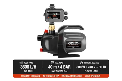 Ozito 800W Constant Pressure Water Pump 3600L/H - Automatic Start/Stop - Brand New Box Pack