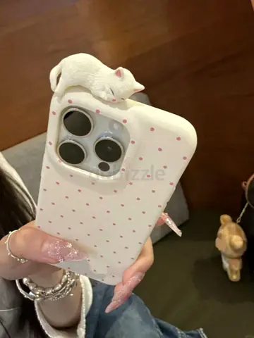 White/ IPhone 16 plus style case with 3D sleeping cat — soft silicone, cute pink dots