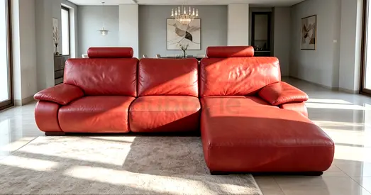 Large Red Leather L-Shaped Sofa with Chaise — Good Condition
