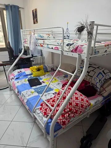 White Metal Bunk Bed (Double Bottom, Single Top) - Good Condition
