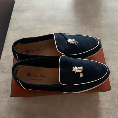 Loro Piana Open Walk Navy Suede Loafers