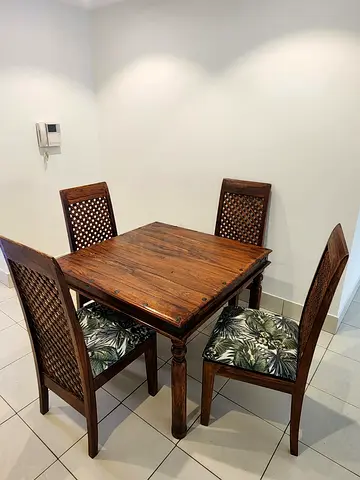 Solid Wood 4-Seater Dining Table with Carved Chairs