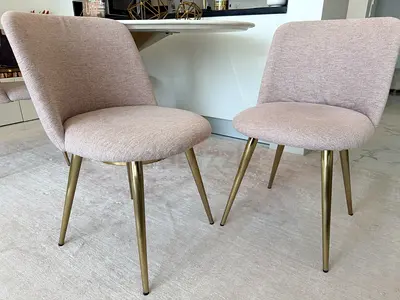 4 West Elm Lila Dining Chairs - Blush Chenille, Bronze Legs