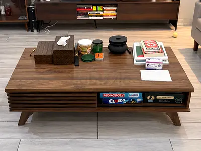 Mid-century walnut coffee table with slatted sliding door and storage - excellent condition