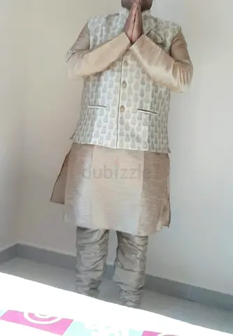 Men's traditional Indian kurta pajama with patterned vest - Beige, good condition