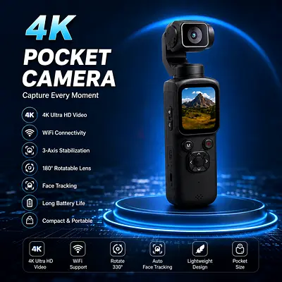 4K Pocket Handheld Gimbal Camera with Rotatable Lens Face Detection and Stabilization