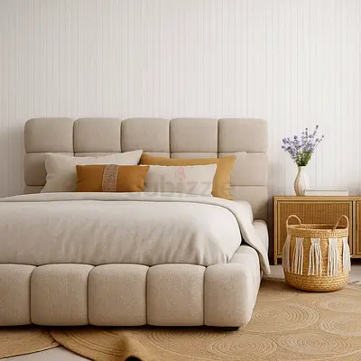 Beige Upholstered King Bed with Padded Headboard