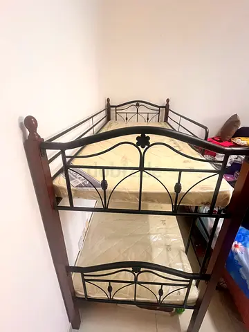 Wood and Metal Double Bed Frame with Headboard and Footboard and mattress