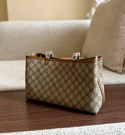 Classic Gucci Monogram Tote Bag with Brown Leather Trim