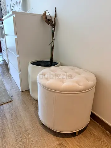 Cream Velvet Tufted Round Ottoman with Gold Legs
