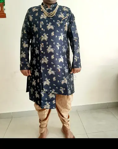 Men's Navy Floral Kurta - Traditional Indian Wear, Size M/L