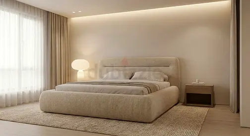 King Size Upholstered Platform Bed with Headboard (Light Beige)