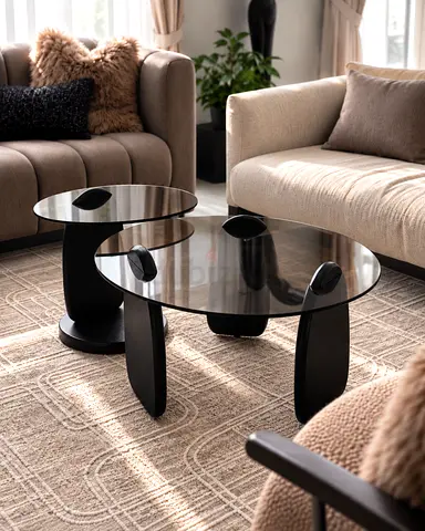Set of 2 Modern Tinted Glass Coffee Tables with Wooden Legs