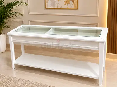White Console Table with Glass Top Display