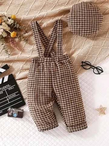 Brown houndstooth suspender baby pants with matching beret — size newborn/1-3 months