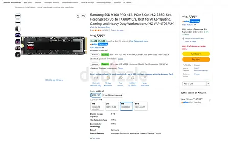 Samsung SSD 9100 PRO 4TB, PCIe 5.0x4 M.2 2280, Seq. Read Speeds Up to 14,800MB/s